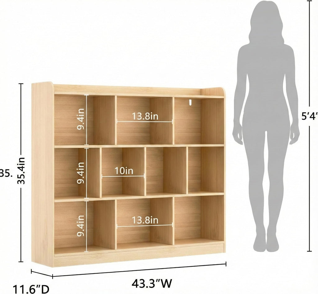Oak Bookshelf, Wood Bookcase with 3 Tier Open Shelves, 10-Cube Minimalist Storage Shelf, 43.3" W x 35.4" H