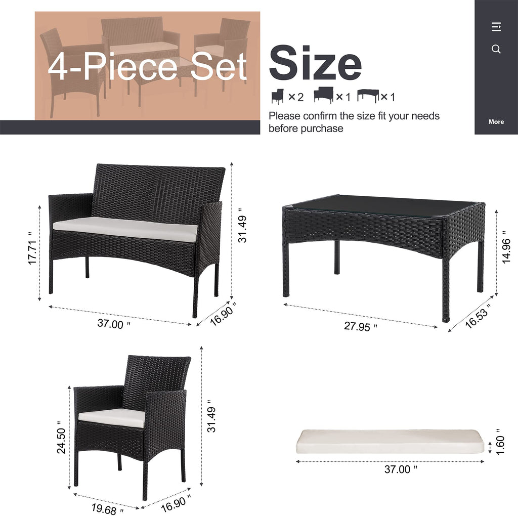 4 Piece Outdoor Patio Furniture Sets, Small Wicker Patio Conversation Furniture Rattan Chair Set with Tempered Glass