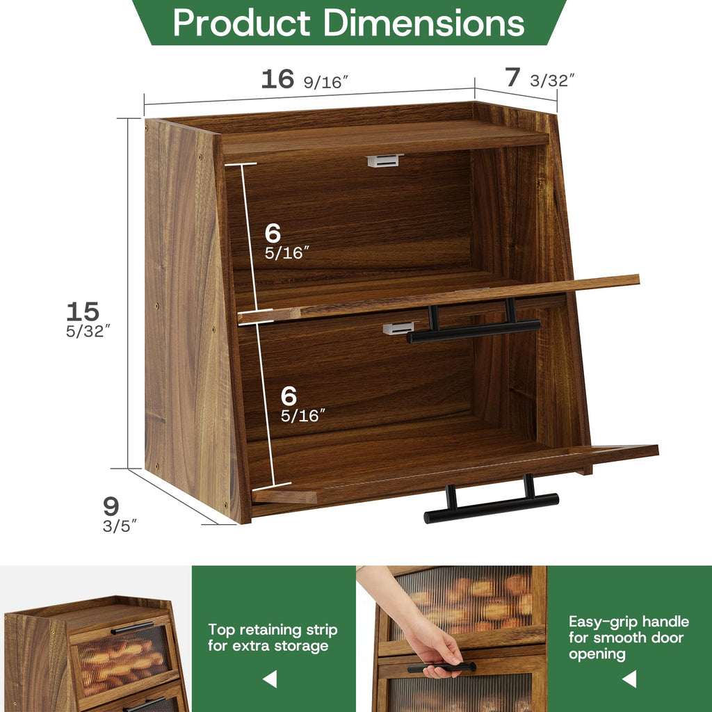 Countertop - Acacia Wood, Wavy Acrylic Door, 2-Layer Bread Storage Container, Large Bread Holder