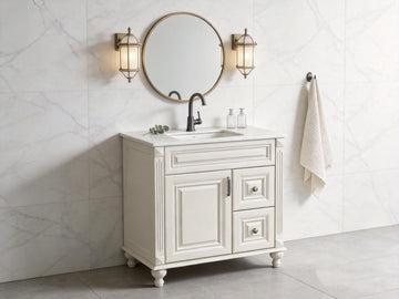 Antique White Solid Wood Single Bathroom Vanity Base Cabinet 30 inch W x 21 inch D x 32 inch H (Right Drawers)