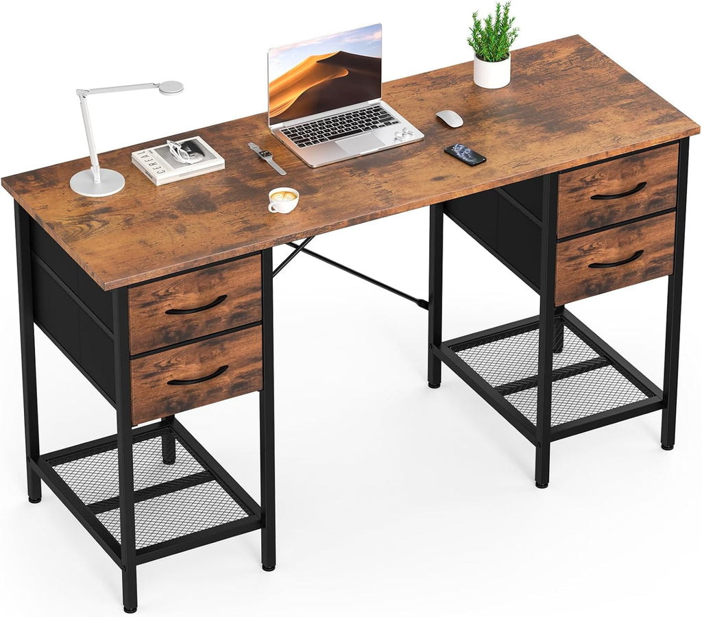 Computer Desk 55 Inch with 4 Drawers Home Office Table with Mesh Shelf for Work Study Writing Gaming Storage Furniture