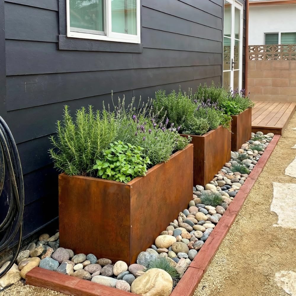 Corten Steel Rectangular Outdoor Planter Box, Rustic & Modern Farmhouse Design, Large Raised Metal Garden Bed for