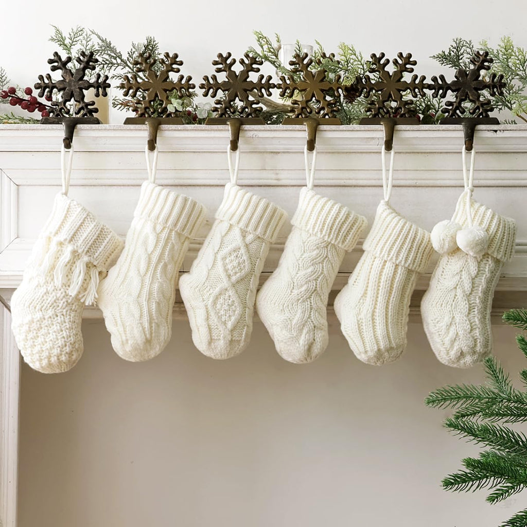 Rustic Mini Knitted Christmas Stockings: 6 Pack 9 Inch Beige Cable Knit Fireplace Stockings, Farmhouse Boho Style - Set of 6