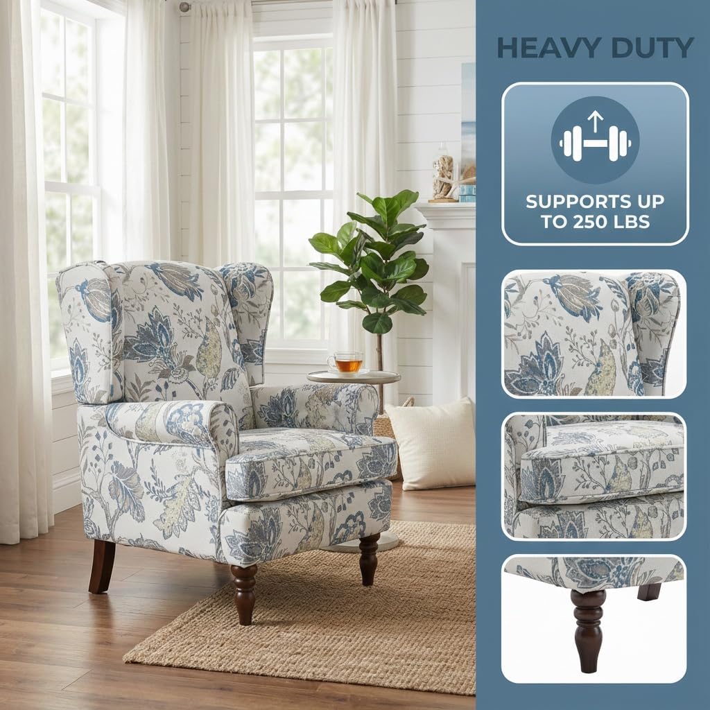 Mid Century Wingback Accent Chairs Set of 2 Blue Floral | Retro Wooden Legs Modern Linen Upholstered Armchair Floral