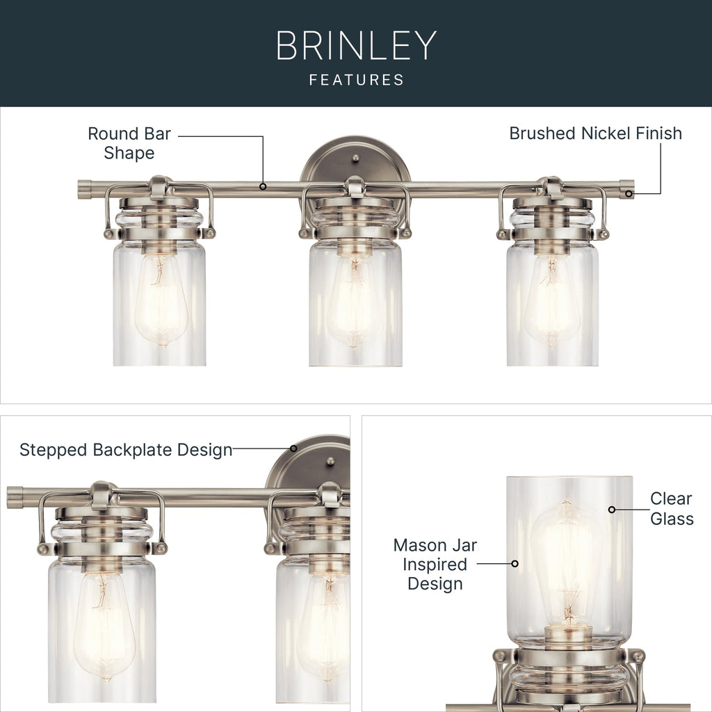 Brinley 3-Light Farmhouse Vanity Light, Brushed Nickel