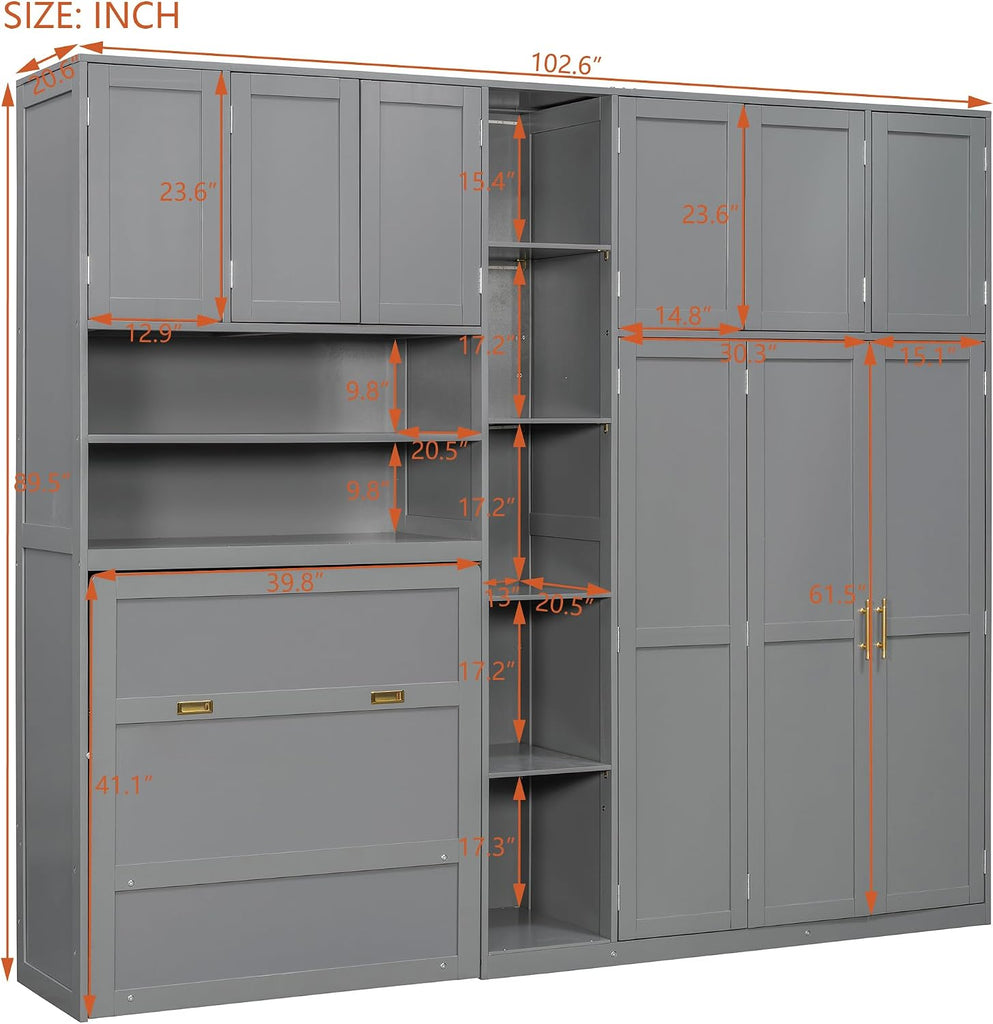 Twin Murphy Bed with Storage & LED Lights, Foldable Wall Bed Cabinet with Shelves, Cabinet & Wardrobe, Space-Saving