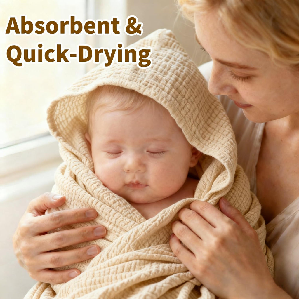 Organic Muslin Hooded Baby Bath Towels - 2 Pack 100% Organic Cotton Towel for Babies, Infants, Toddlers - 32x32Inch