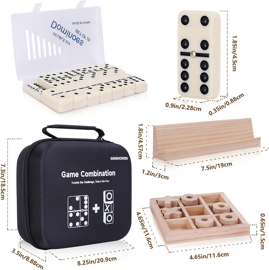 Dominoes and Tic Tac Toe Game Set, 28 Tiles Dominos with 4 Wooden Racks, Wood Tic Tac Toe Classic Board Games