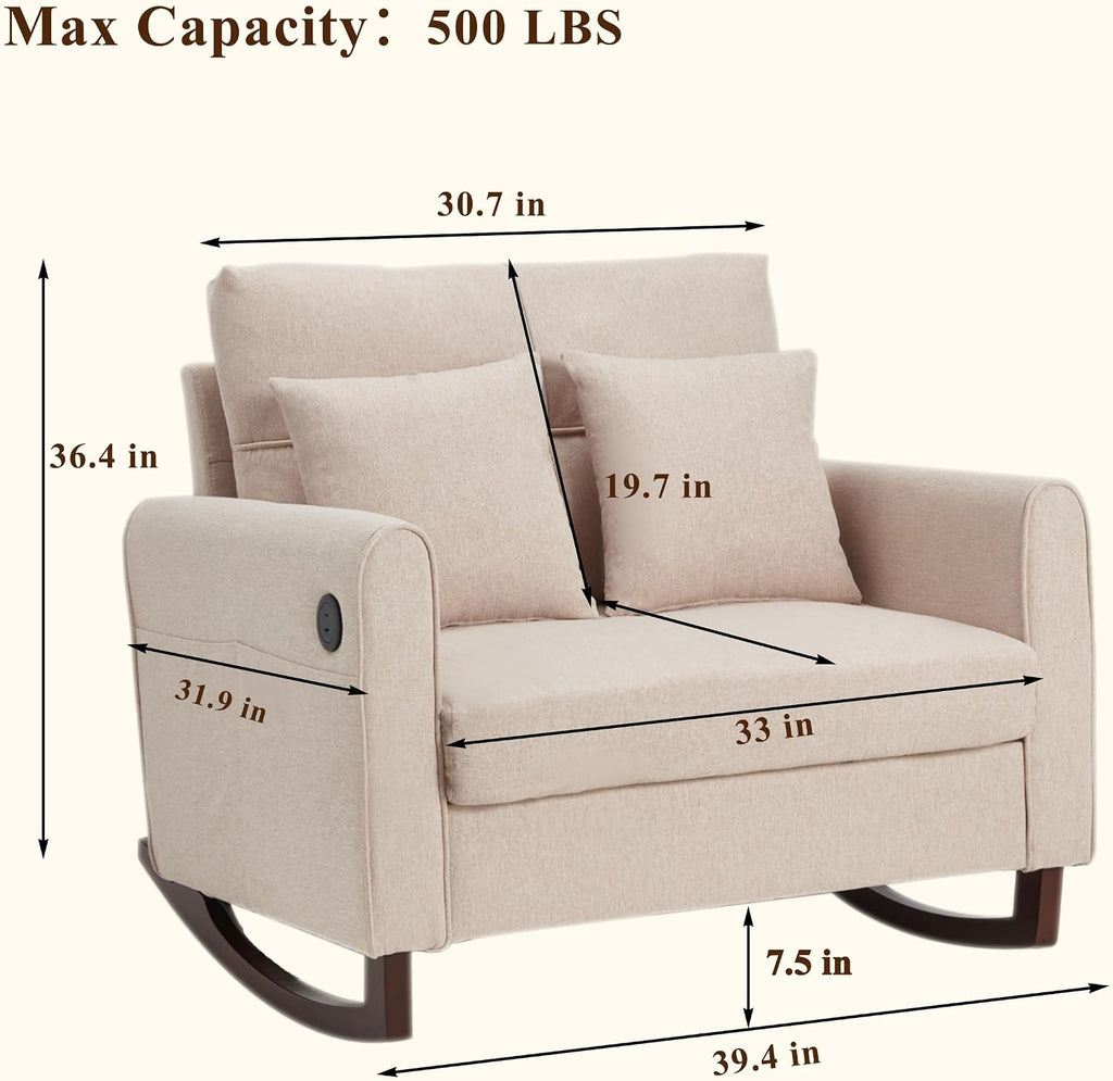Rocking Chair, Upholstered Nursery Rocking Chair with High Back and Side Pocket USB Port, Double Wide Rocker Glider