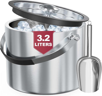 3.2L Double Wall Stainless Steel Ice Bucket for Parties with Lid, Scoop