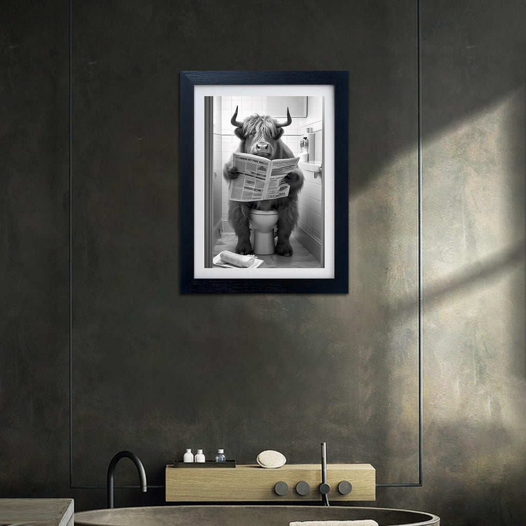 Highland Cow Pictures Bathroom Wall Decor Cow on Toilet Artwork Black and White Funny Bathroom Wall Art Animal Print