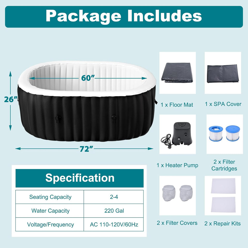 75" X 47" X 25" Inflatable Hot Tub, 1-2 Person Oval PVC Spa | Blow Up Hot Tub Portable Outdoor Spa with 100 Bubble