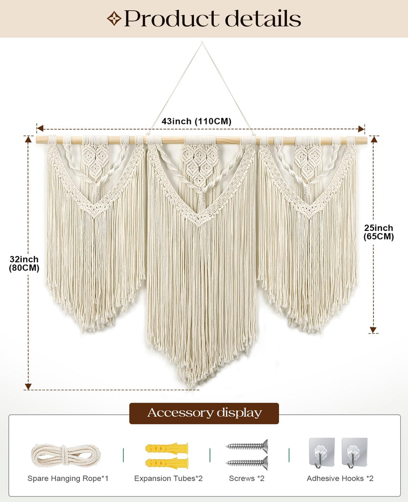 Macrame Wall Hanging, 43"x32" Boho Wall Tapestry, Large Wall Art, Gallery, Office (Weave)