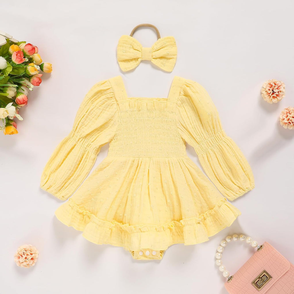 Baby Girl Romper Dress Smocked Long Sleeve Jumpsuit & Headband for Infants