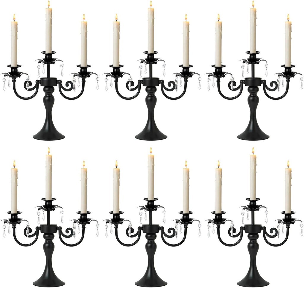 Metal 3 Arm Candelabra with Crystal Pendants - 11.8 Inch Tall Candle Holders, Set of 2 - Elegant Taper Candlestick