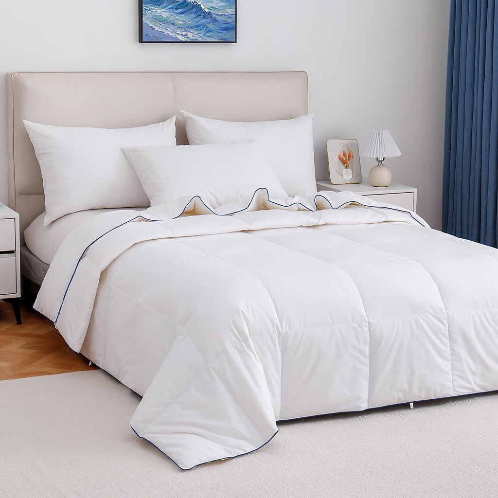 Lightweight Goose Down Fiber Comforter Queen Size, Breathable Summer Duvet Insert, Fluffy Down Blanket for Hot