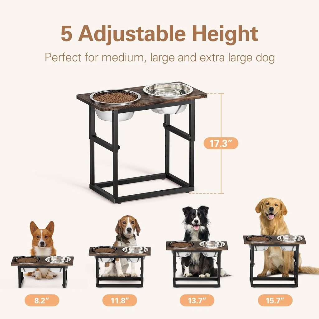 Elevated Dog Bowls for X-Large and Large Breed, 5 Adjustable Heights from 8.2'' - 17.3'', 2 Stainless Steel Bowls