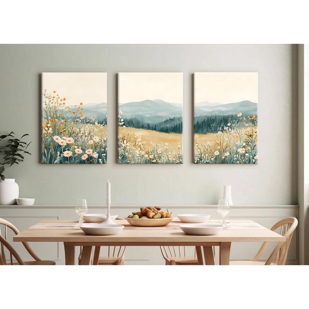 Boho Mountain Flower Wall Art Green Daisy Landscape Canvas Wall Decor Abstract Wildflower Art Prints Watercolor