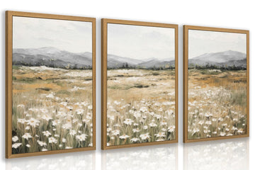 White Wildflowers Wall Art Set of 3, Neutral Meadow Landscape Wall Decor, Minimalist Mountain Canvas Prints, Beige