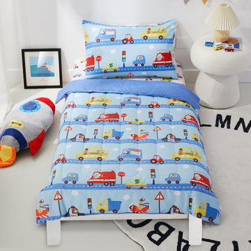 4-Piece Toddler Bedding Set, Includes 1 Flat Sheet, 1 Fitted Sheet, 1 Comforter and 1 Reversible Pillowcase, Standard
