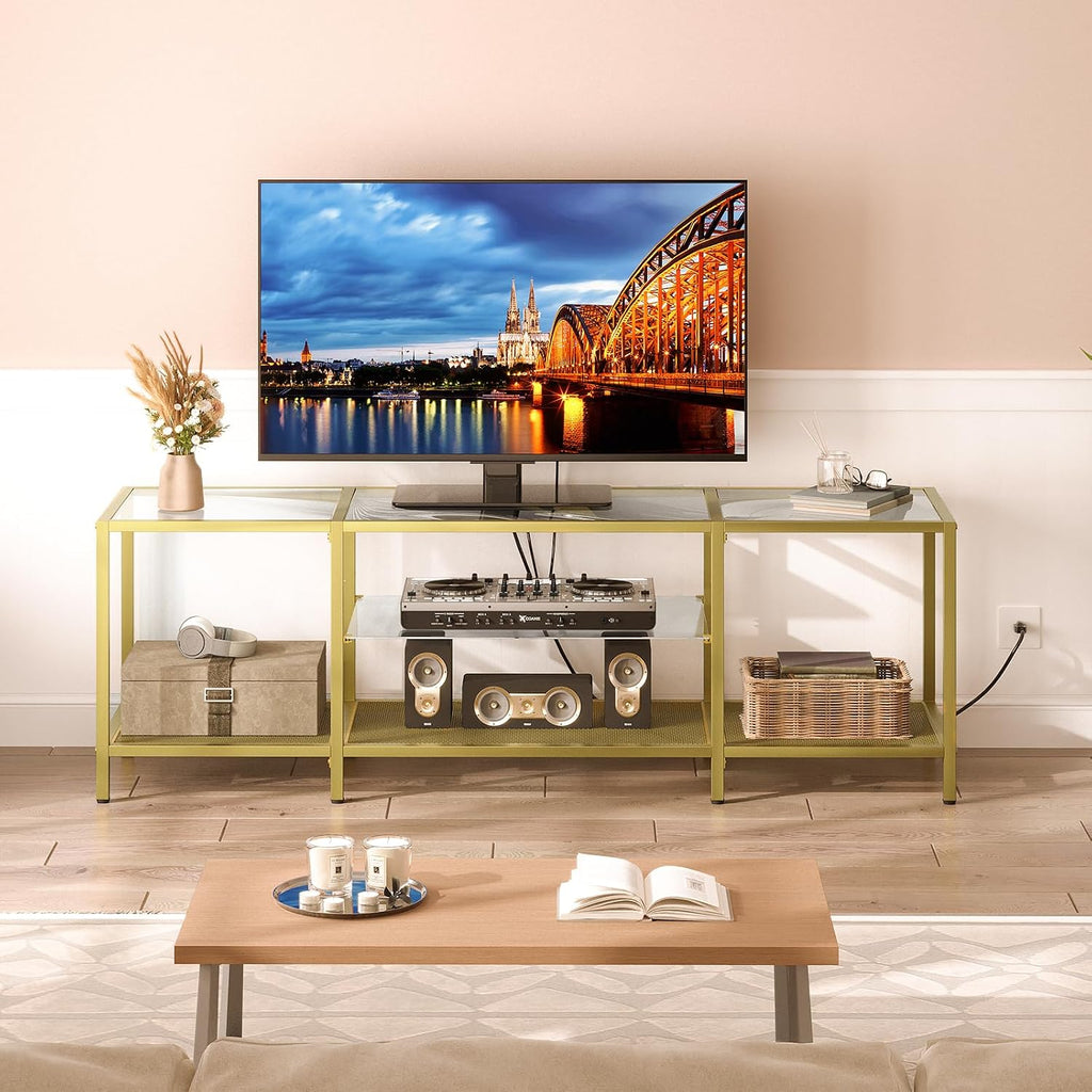 TV Stand with LED Lights and Power Outlets for TVs up to 75", Modern 70.9 Inch Tempered Glass TV Console Table with