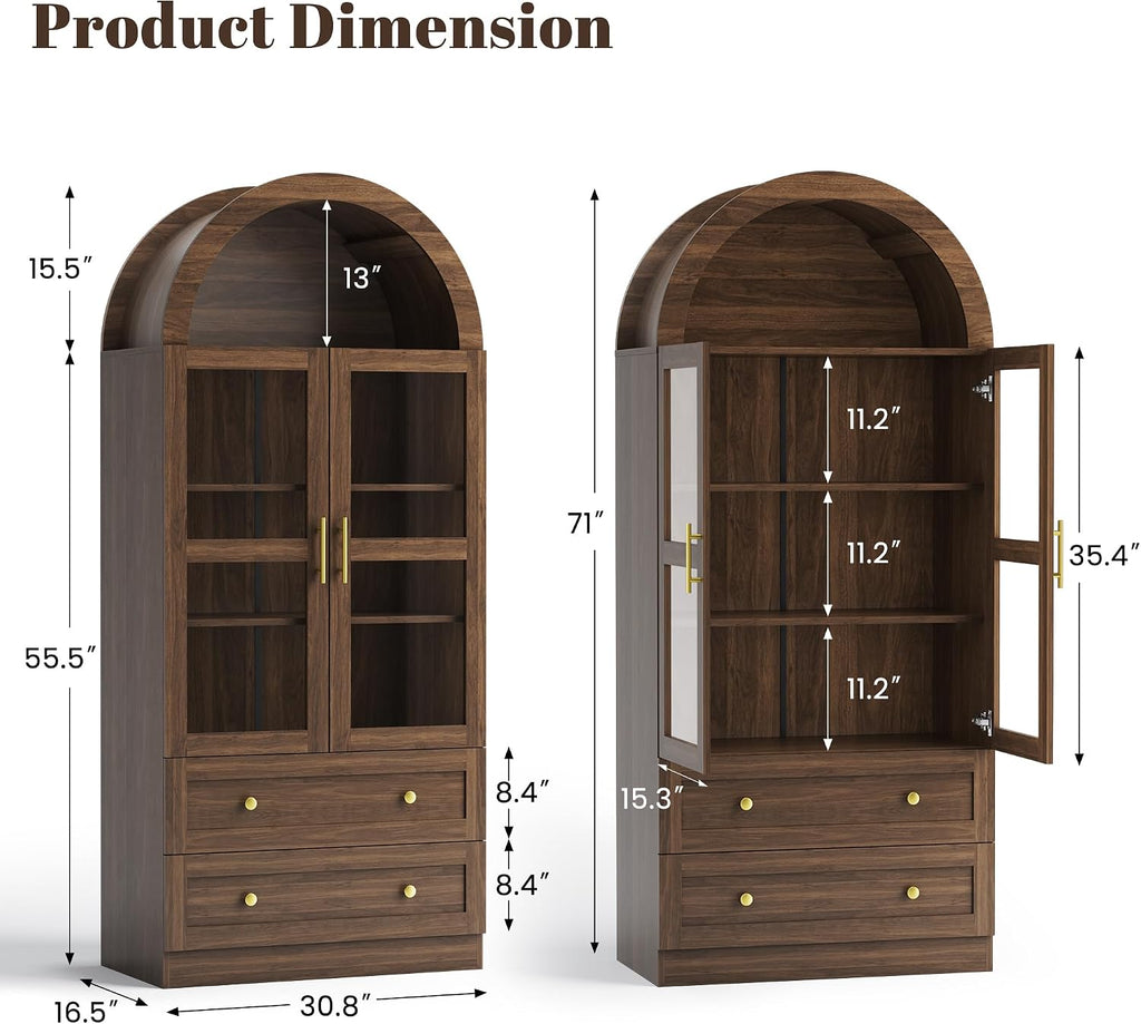 Arched Kitchen Pantry Cabinet, 71" Tall Arched Cabinet with Acrylic Doors, Farmhouse Kitchen Storage Cabinet with 2