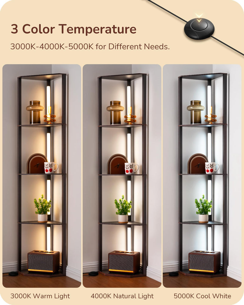 64'' Corner Shelf Floor Lamp, 3CCT, Black Walnut