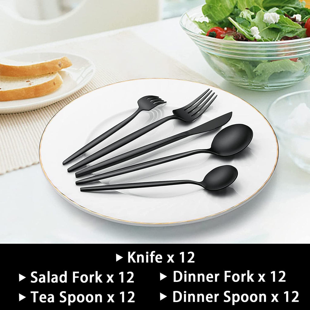 12 Setting Black Silverware, Food-Grade Stainless Steel Flatware Cutlery Set, Restaurant, Hotel