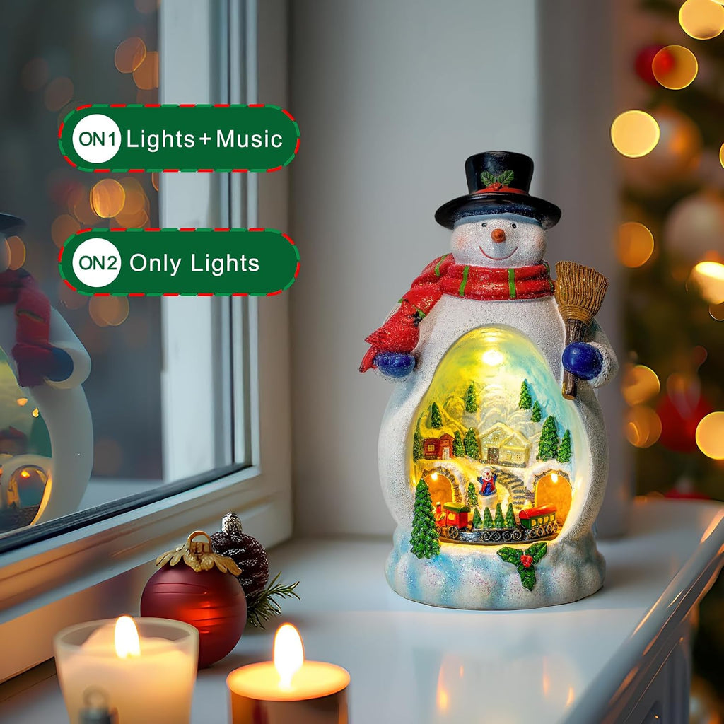Animated Collection Figurines Musical Christmas Snowman &Cardinal Village Houses with Rotating Train, Lighted