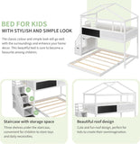 Wood Twin Over Full House Bunk Bed with Ladder, Solid Pine Wood Bunk Bed Frame with Safety Guardrails