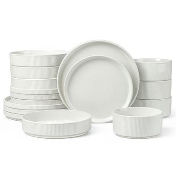 16 PCS Ribbed Dinnerware Sets with Pasta Bowls for 4, Speckled White