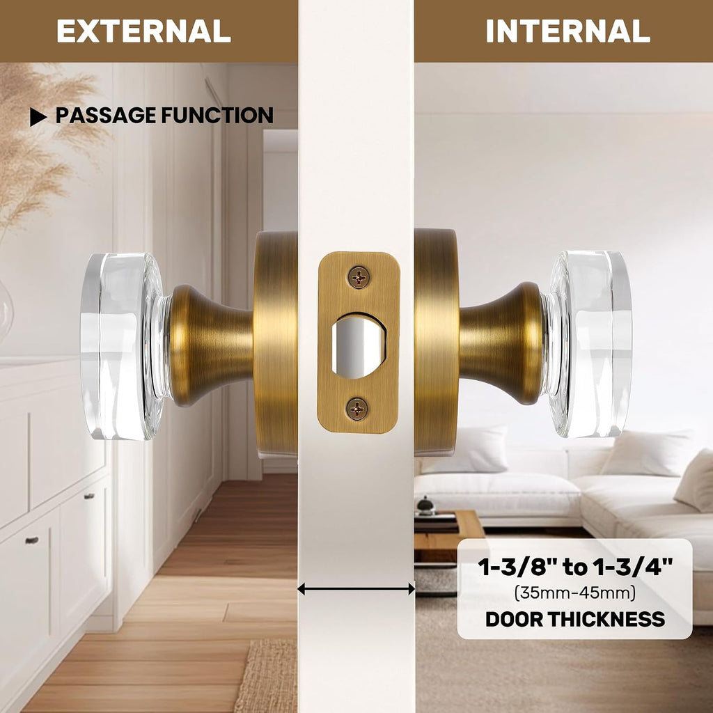 Crystal Door Knobs Antique Brass Door Knob Round Passage Door Knobs Interior, Old Style Glass Door Knob Vintage Door