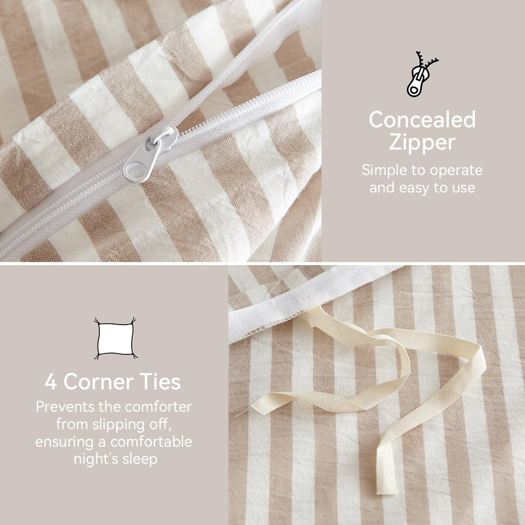 Duvet Cover Set, 100% Washed Cotton Striped Duvet Cover Linen Like Textured Bedding Set, Classic Tannish