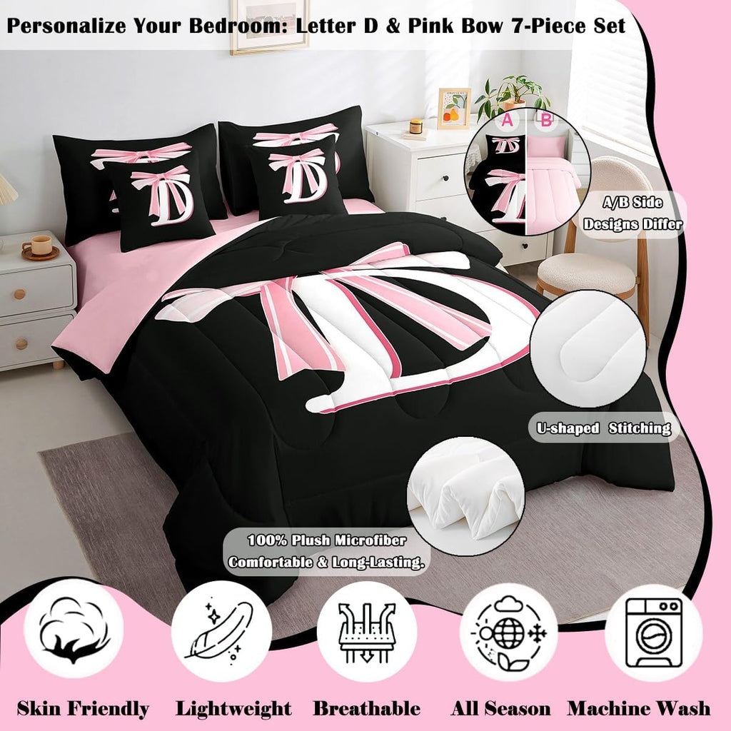 Jejeloiu Kids Girls Black Pink Bow Comforter Set with Sheets Queen Monogrammed 7 Piece Bedding Set Personalized