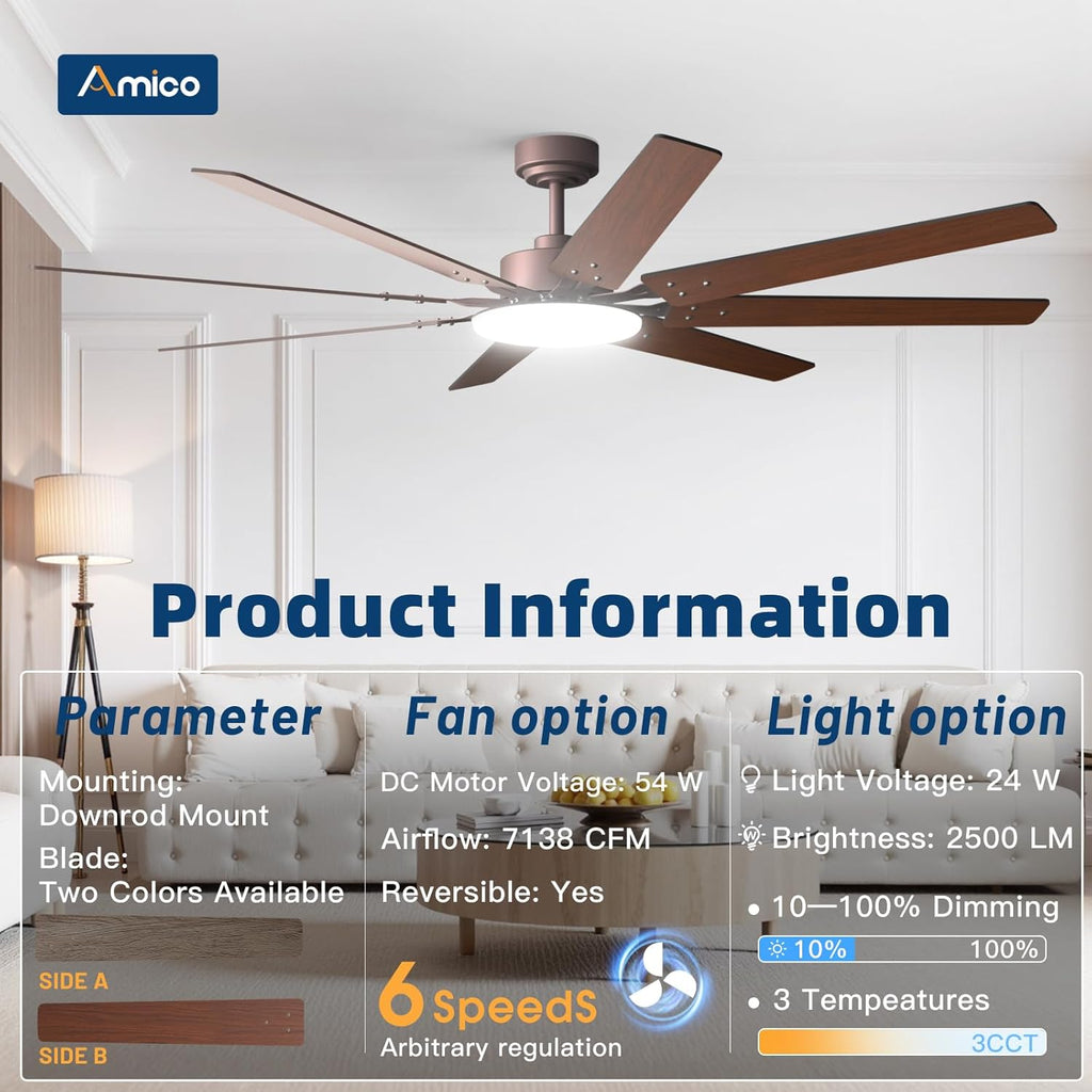 72 inch Farmhouse Bronze Ceiling Fan with Light, Large Energy Efficient Ceiling Fans with Remote, Reversible DC Motor