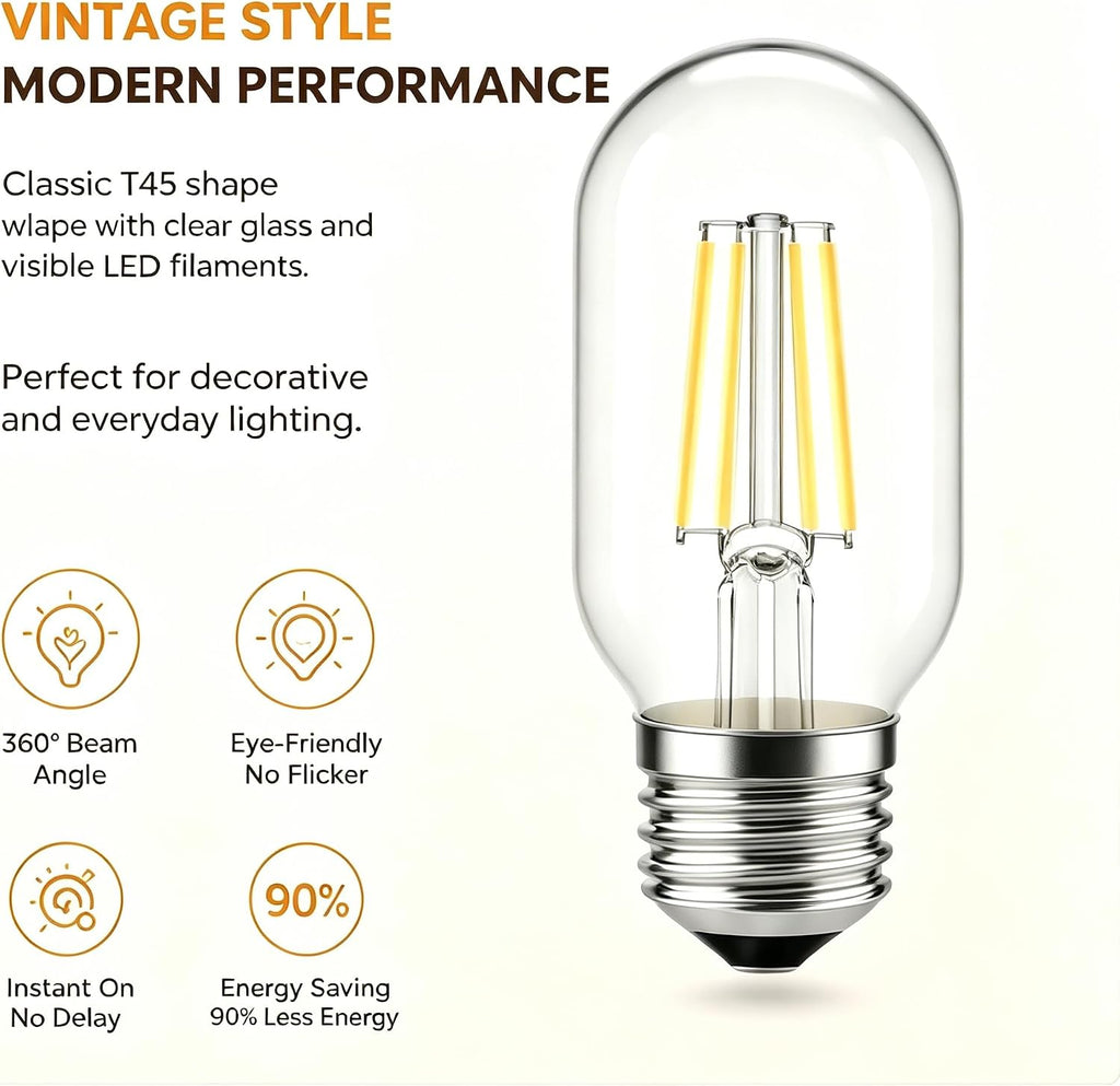 E26 LED Light Bulb, 6 Packs T45/T14 Non Dimmable 2700K Warm White LED Bulb, 4W Equivalent 40W, E26 Tubular Light
