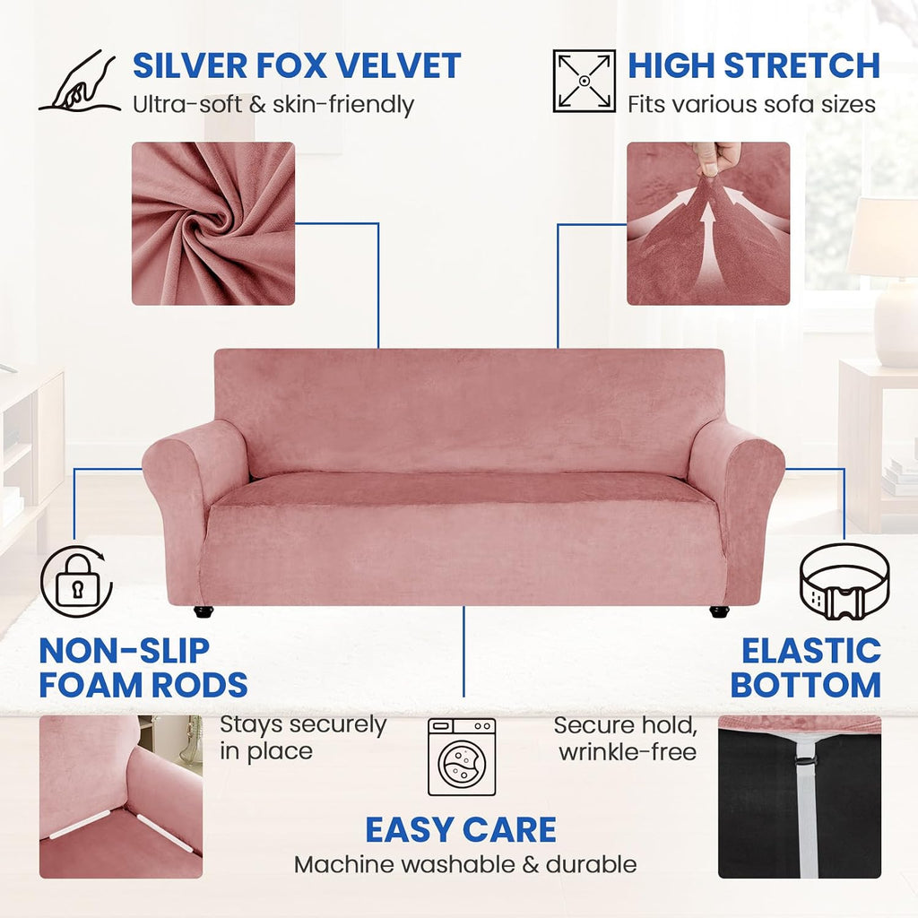 Velvet XL Sofa Cover, Stretch Washable Slipcover for Pets, Pink