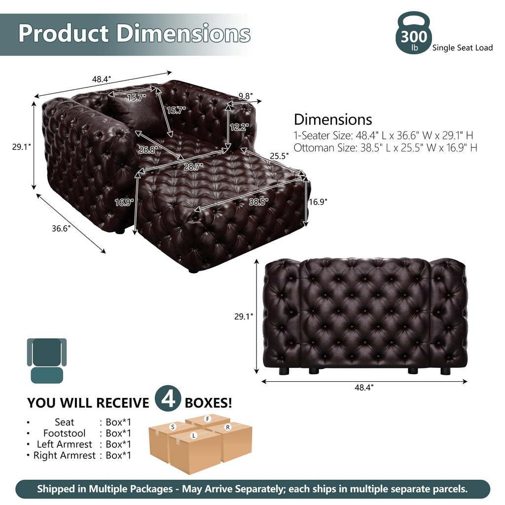 48" Faux Leather Couch, Chesterfield Sofa Set-Dark Brown