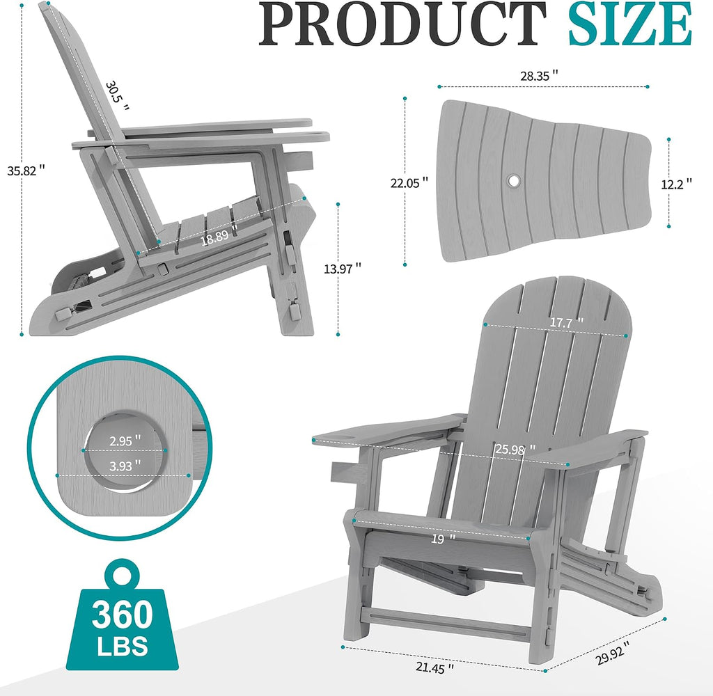 JY QAQA Outdoor Adirondack Chair Set of 2, All-Weather HDPE Patio Furniture with Detachable Table, Wood Texture & Cup
