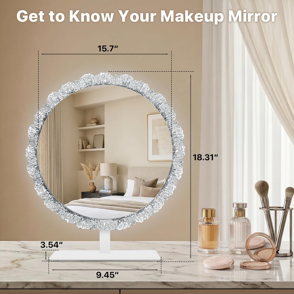 Round Vanity Mirror with Lights, 16" Crystal Frame, Touch Control