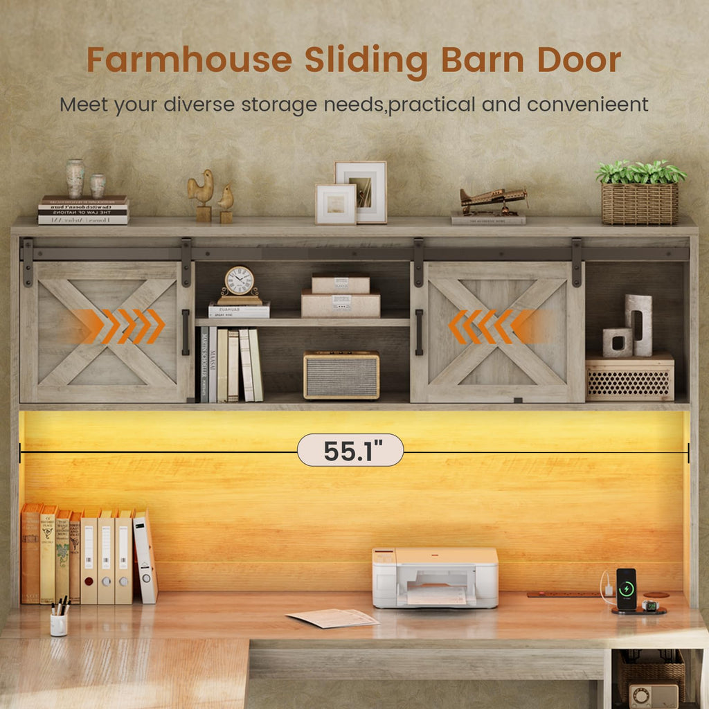 67" Farmhouse L Shaped Desk with Hutch, Grey