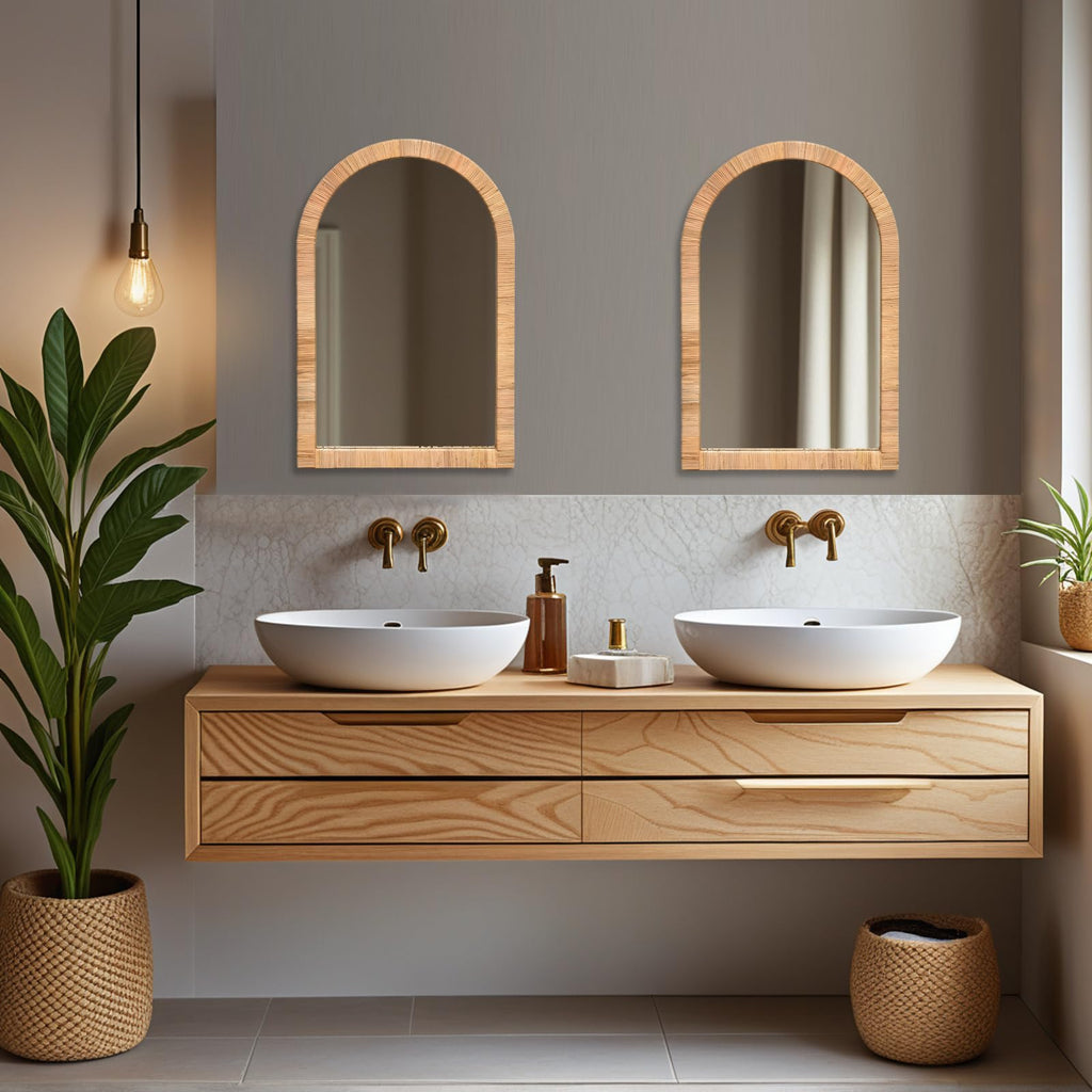 Boho Rattan Wall Mirror 20×30 Inch Arched Natural Rattan Frame - Farmhouse Bathroom Vanity Mirror - Wicker Decorative