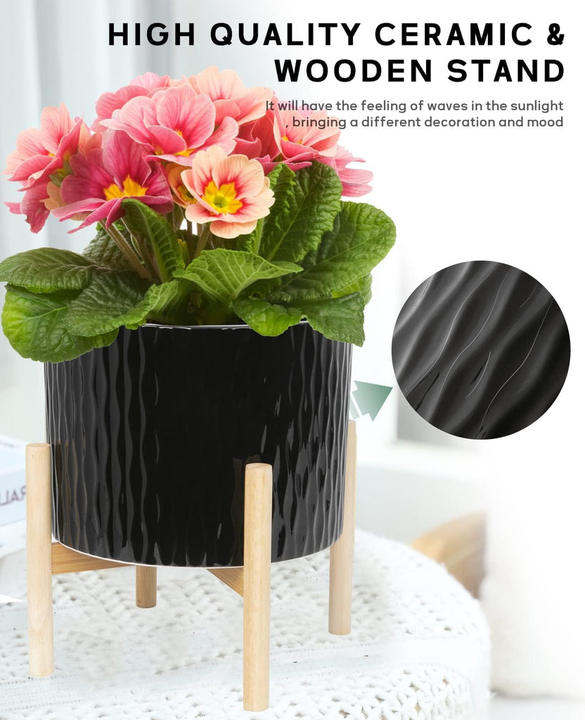Ceramic Plant Pot with Stand, 10 Inch Planter with Wood Shelf, Modern Round Flower Pots Indoor with Wood Planter