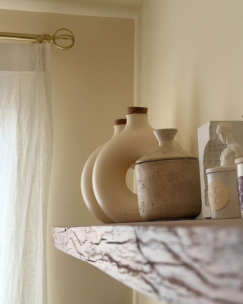 Travertine Stone Inspired Decorative Storage Jar with Lid, Beige Textured Wabi Sabi Storage Container, Vintage Mid