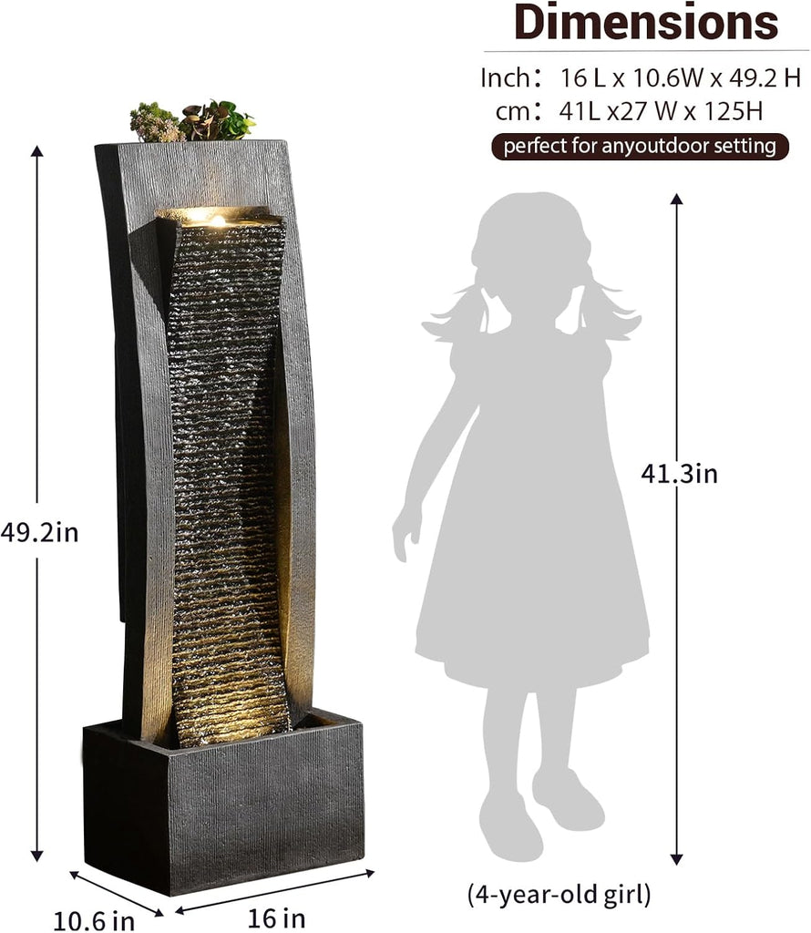 Outdoor Water Fountain, 49.2" Tall Freestanding Fountain with LED Lights & Pump