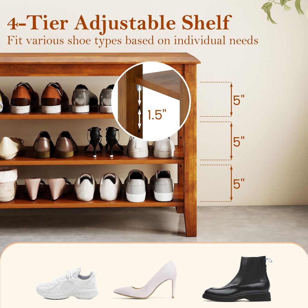 4-Tier Shoe Rack Bench, Rubber Wood Entryway Bench with Adjustable Shelves, Mid-Century Modern Shoe Storage Bench