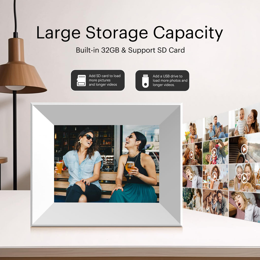 8-Inch Digital Picture Frame with WiFi, Wood Finish Frame Smart Photo Frame HD IPS Touch Screen with 16GB Storage