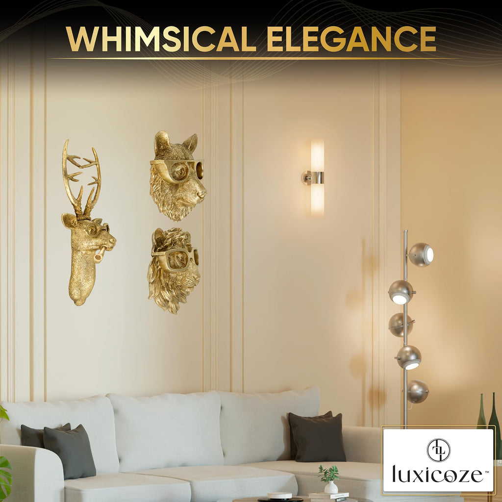 Gold 3pcs Animal Heads Wall Decor - Victorian-Style Lion Head, Bear Head, and Deer Head Wall Mount Decor, Adorned