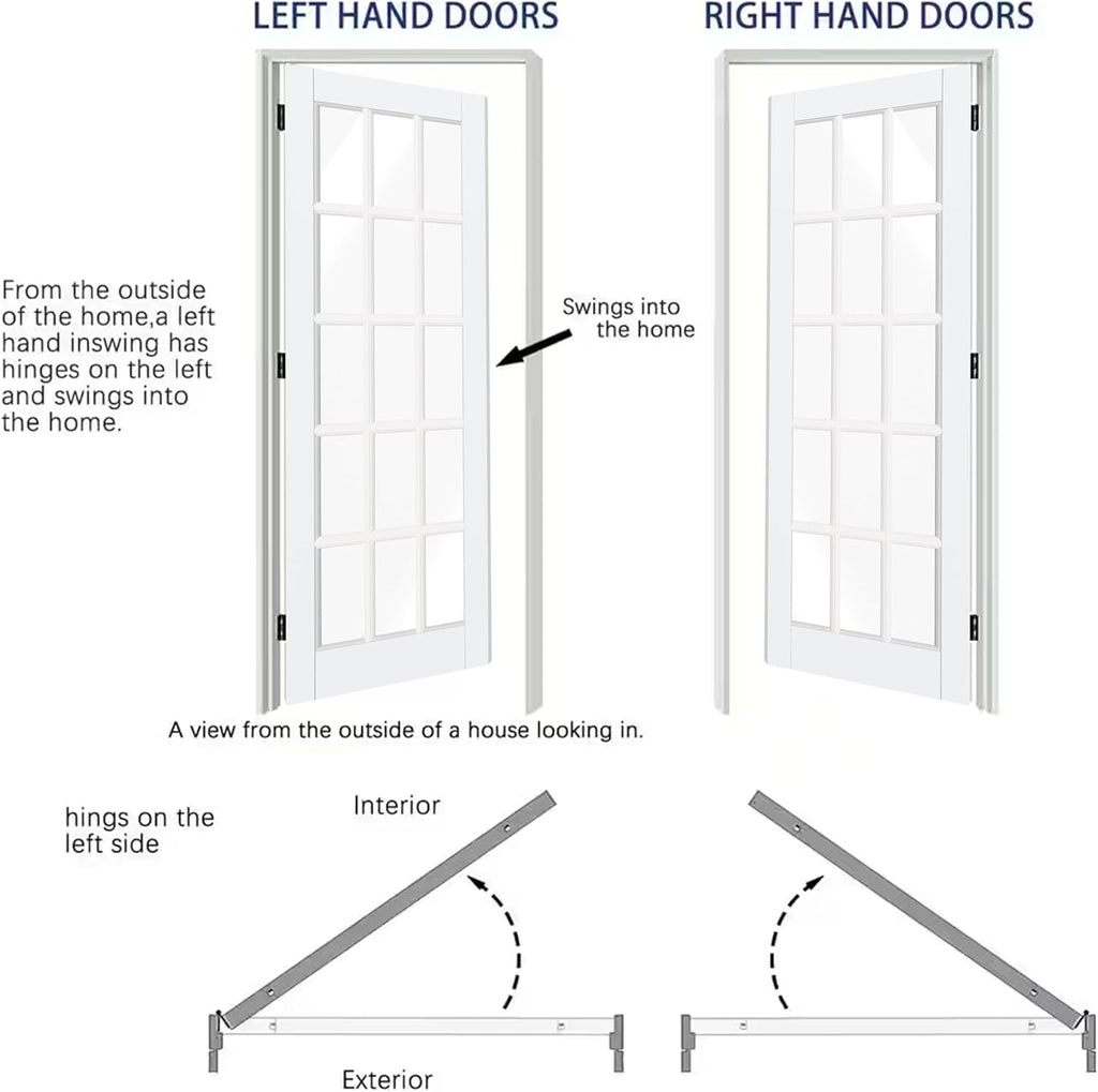 French Door, 32" x 80", 15-Lite Clear Glass, Prehung Interior Door, Right-Handed, White MDF with Door Jamb & Hardware