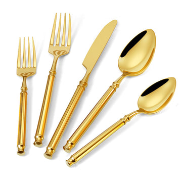 Gold Silverware Set 18/10 Stainless Steel Vintage Flatware Set, 20-Piece Hand Forged Mirror Gold Finish Cutlery